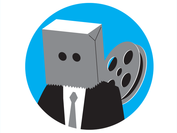Illustration of a person with a paper bag over their head in front of a movie reel.